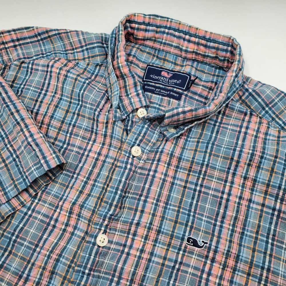 Vineyard Vines Classic Fit Whale Shirt Mens Medium Plaid Short Sleeve Seersucker